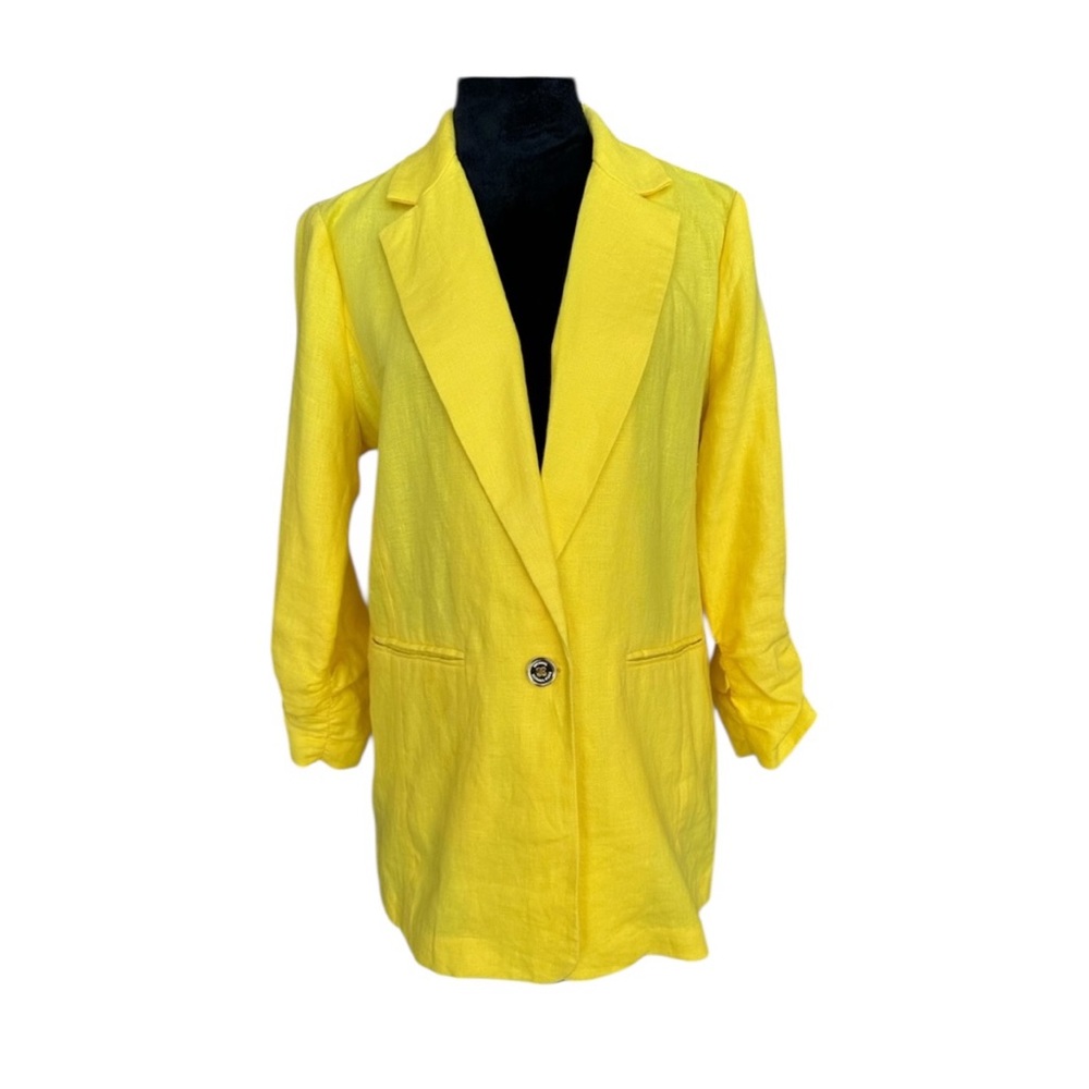 Michael Michael Kors 100% Linen Yellow Blazer Women’s Size 12 Ruched Sleeve